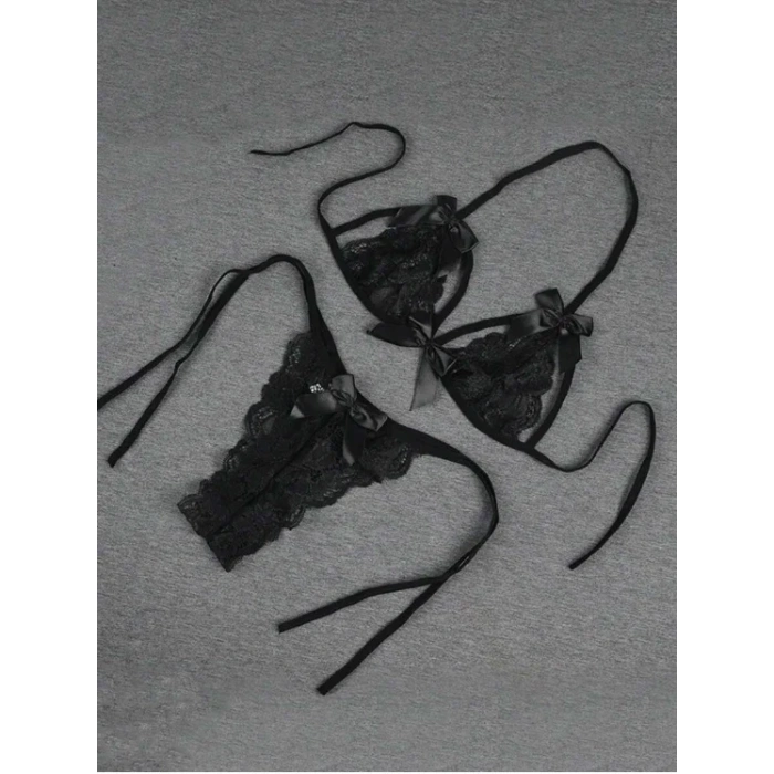 Fantezi Seksi Siyah Fiyonk Süslemeli Dantelli Sütyen String Takımı