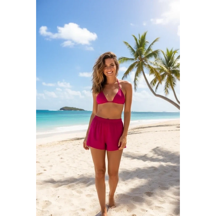 Fuşya Şortlu Bağlamalı Bikini Takımı Üçgen Kesim Ayarlanabilir Esnek Kumaş Kadın Mayo Seti
