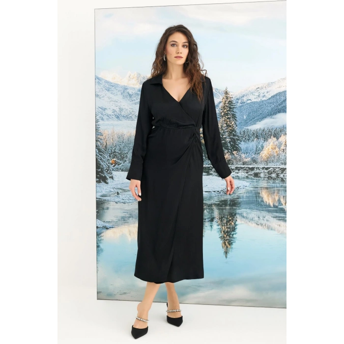 Giyim %100 Viskon Uzun Kollu Saten Elbise