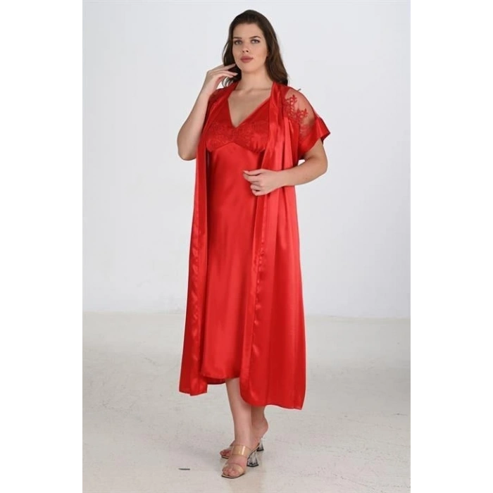 Giyim 2li Kırmızı Sabahlık Takımı Bigsize 6226