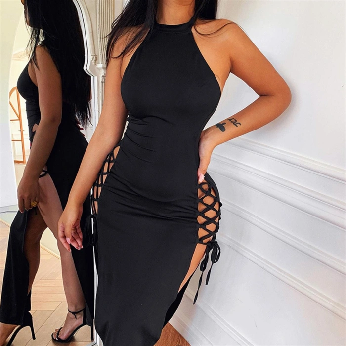 Giyim  Bayan Yandan Bağlı Yırbrfaçlı Siyah Elbise