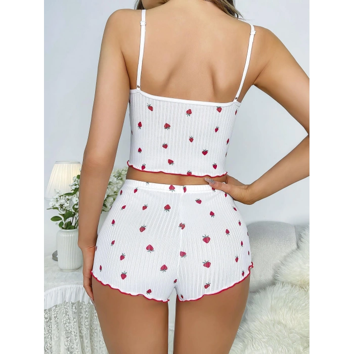 Giyim Beyaz Üstüne Çilek Desenli Askılı Şortlu Pijama Takımı