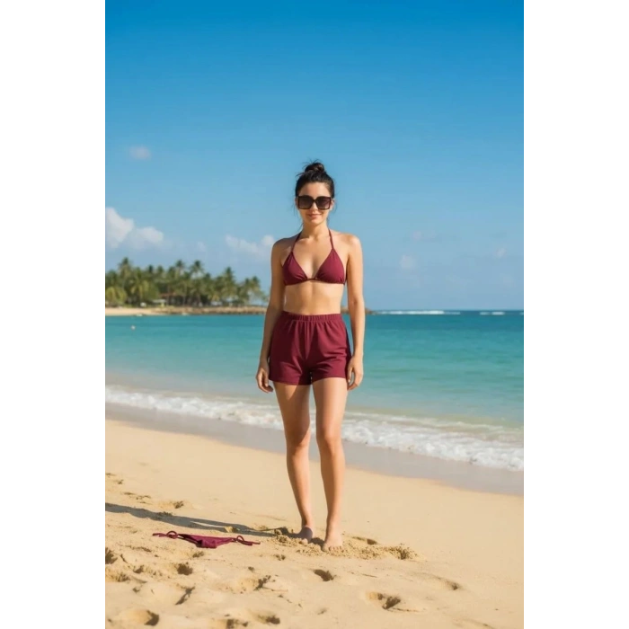 Giyim Bordo 3’lü Bikini Takımı Şortlu Yandan Bağlamalı Üçgen Üst Esnek Kadın Mayo