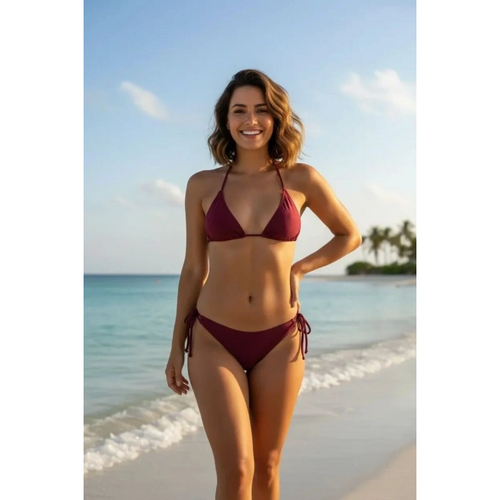 Giyim Bordo 3’lü Bikini Takımı Şortlu Yandan Bağlamalı Üçgen Üst Esnek Kadın Mayo