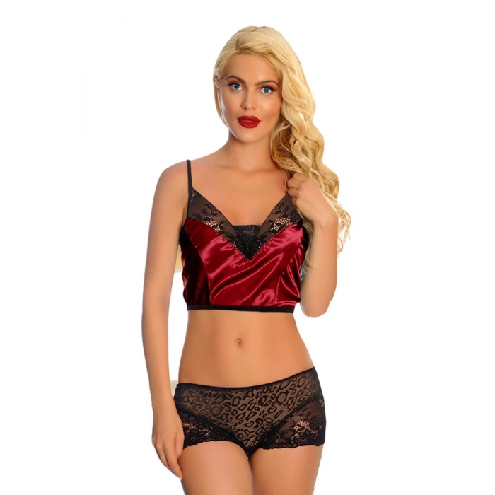 Giyim Bordo Saten Dantelli Babydoll Şortlu Takım - 288