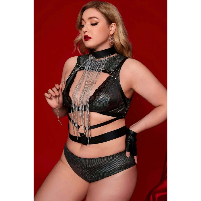 Giyim Boyundan Zicirli Asıklı Göğüs Harness - Brf947