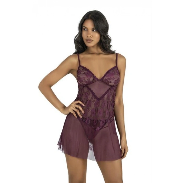 Giyim Dantel İşlemeli Mürdüm Kısa Tül Gecelik