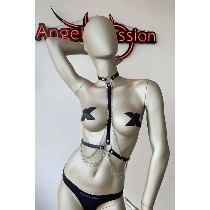 Giyim Deri Boyun Ve Bel Harness Zincir Detaylı - Brf5