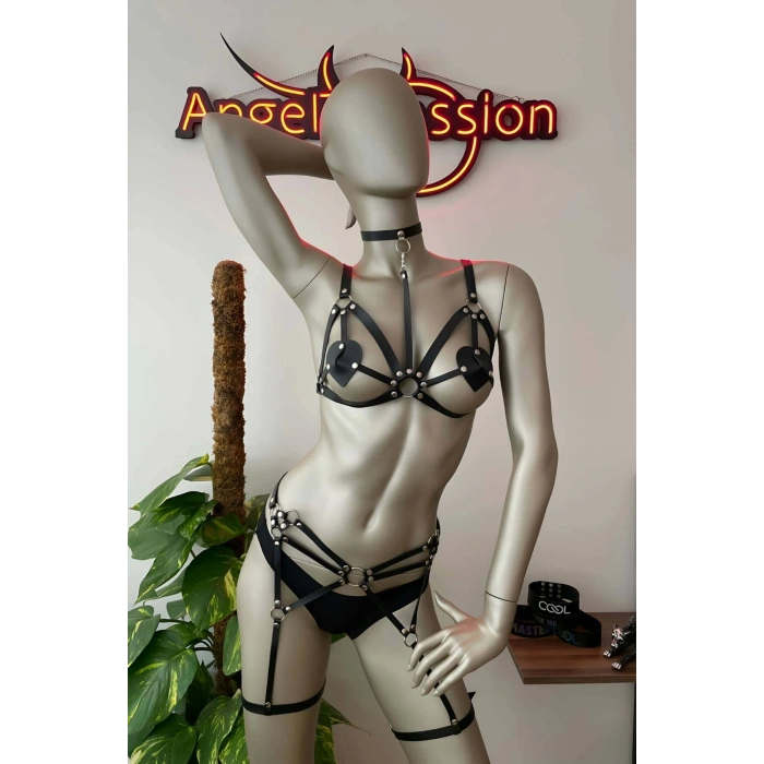 Giyim Deri Jartiyer Siyah Harness Takım - Brf451