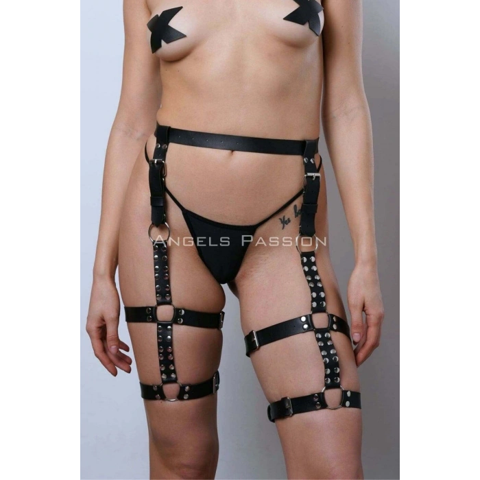 Giyim Deri Kemer Bacak Harness, Perçin Detaylı Deri Bacak Jartiyer - Brf862
