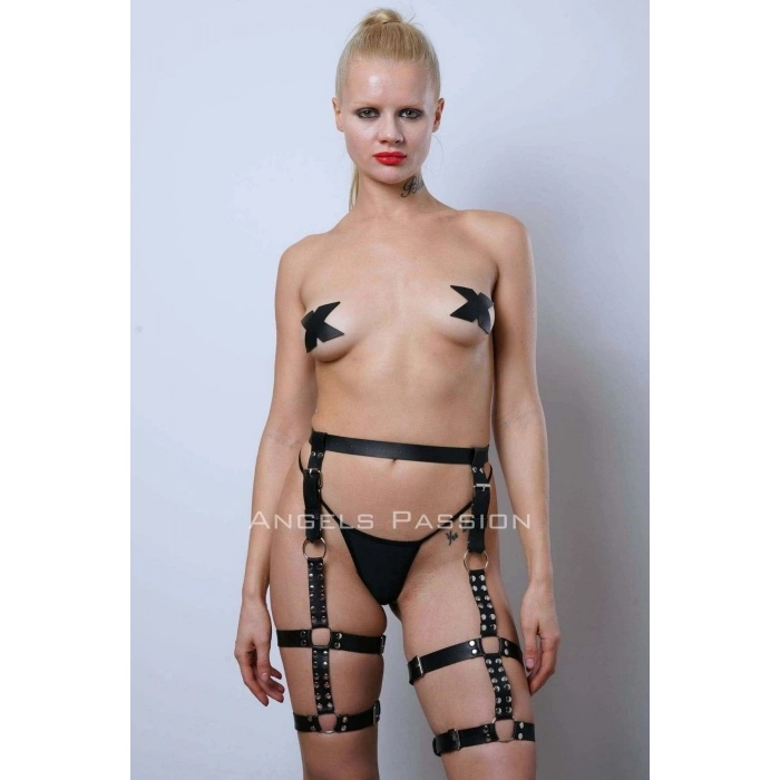 Giyim Deri Kemer Bacak Harness, Perçin Detaylı Deri Bacak Jartiyer - Brf862