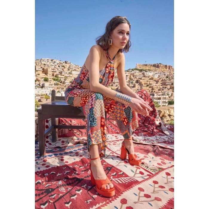 Giyim Etnik Desenli Saten Tulum