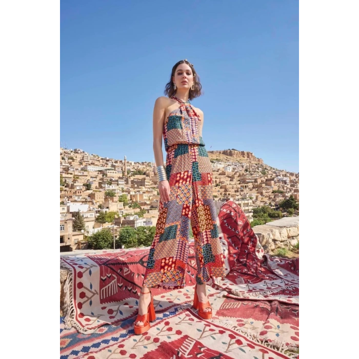 Giyim Etnik Desenli Saten Tulum