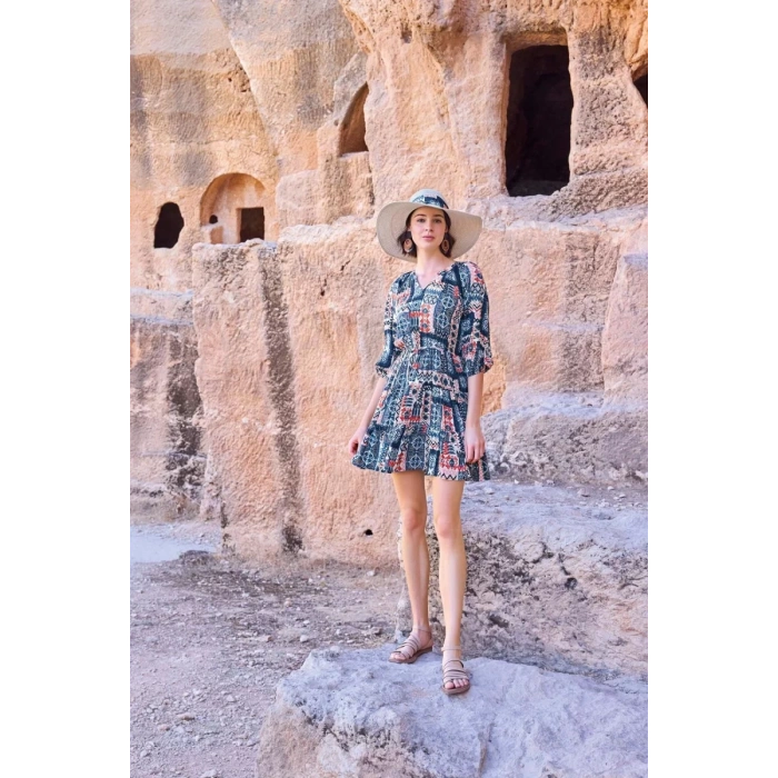 Giyim Etnik Desenli Truvakar Kollu V Yaka Elbise