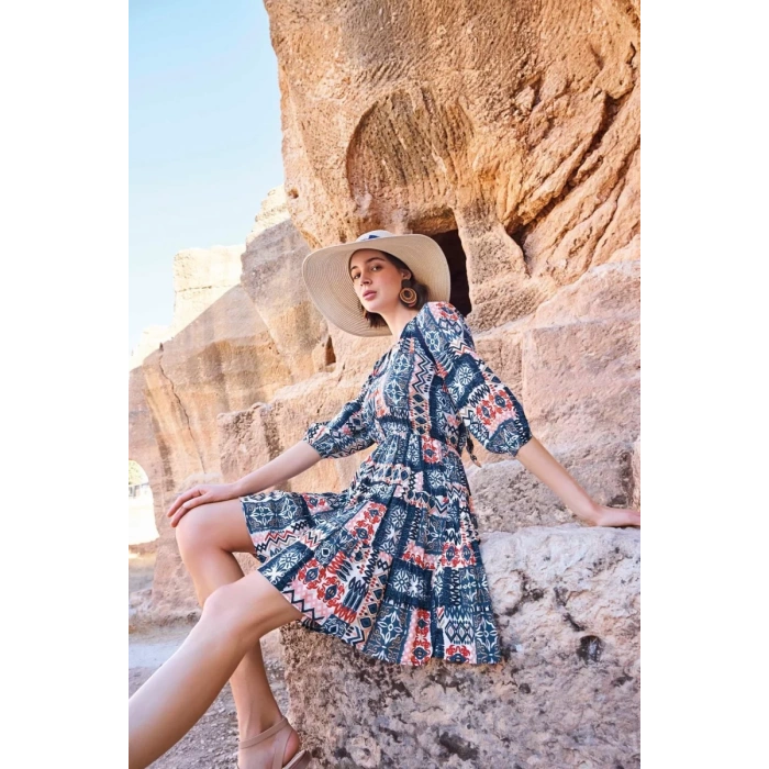 Giyim Etnik Desenli Truvakar Kollu V Yaka Elbise