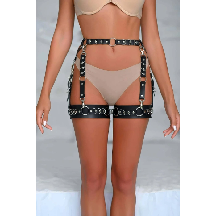 Giyim Halka Detaylı Şık Deri Jartiyer Harness - Brf1047