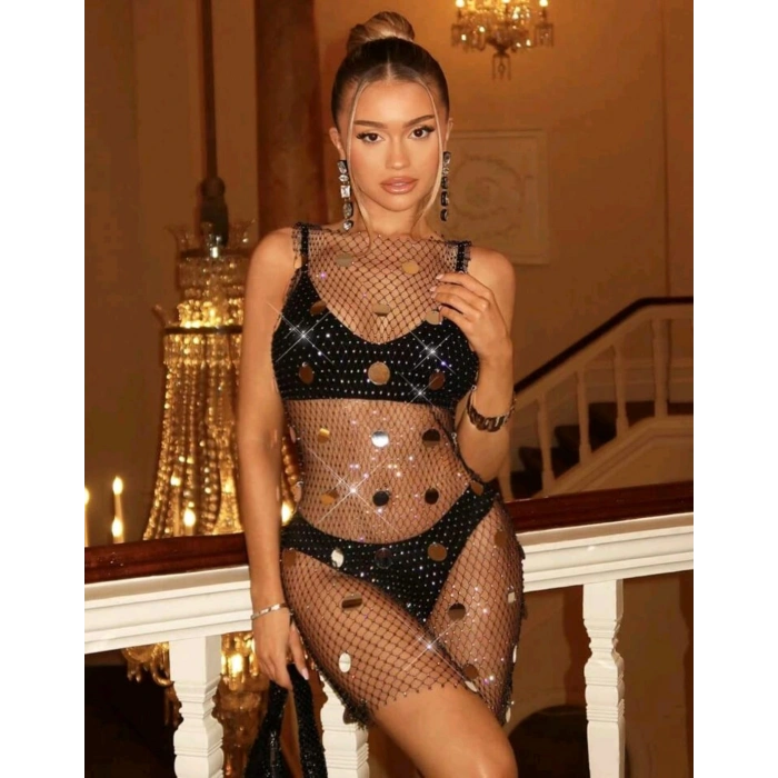 Giyim Işıltılı Pullu , Taşlı File Elbise– Kolsuz, Transparan, Parlak Gece Elbisesi