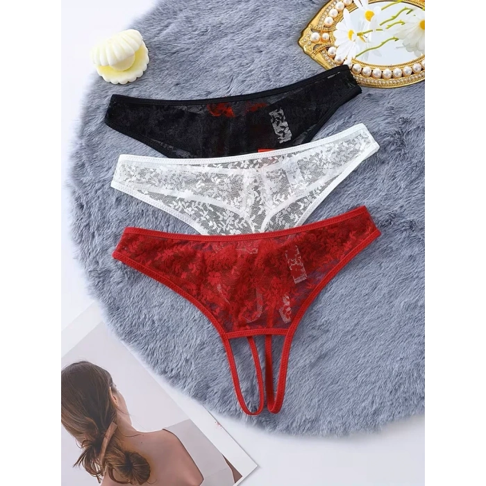 Giyim Kadın 3lü Seksi Ağ Bölgesi Açık Dantelli Tanga Seti