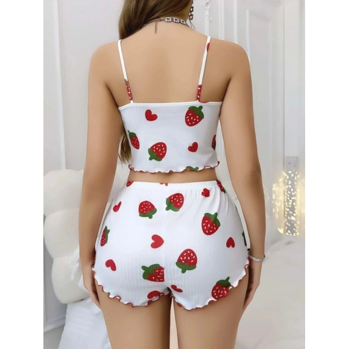Giyim Kadın Beyaz Çilek Desenli Şortlu Pijama Takımı Sevimli Rahat 2’li Set