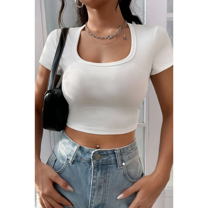 Giyim Kadın Beyaz Şık Kesim Düz Yaka Crop Top Bluz