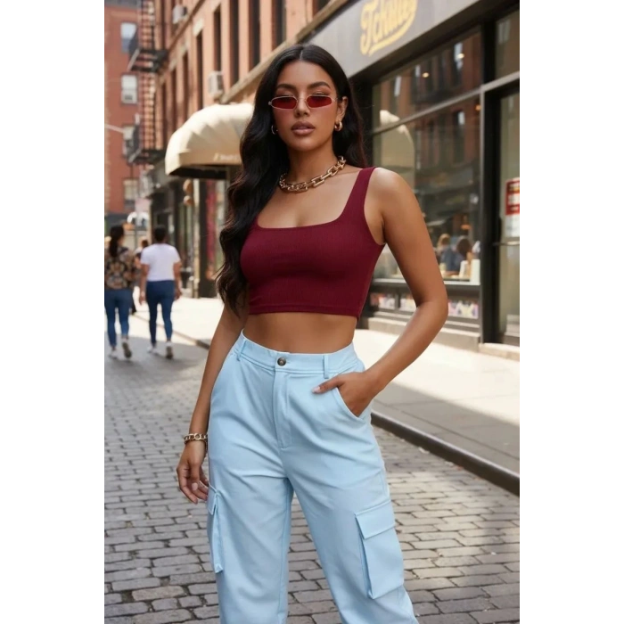 Giyim Kadın Bordo Kalın Askılı Crop Top Büstiyer Esnek Kumaş Şık Basic Kadın Üst Giyim