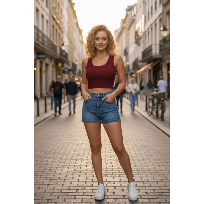 Giyim Kadın Bordo Modern Fit Kare Yaka Crop Top Bluz