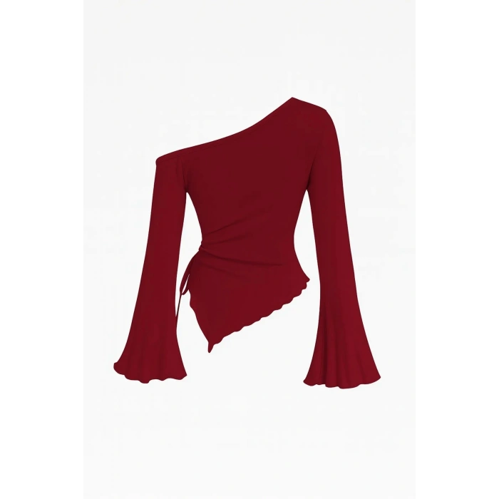 Giyim Kadın Bordo Uzun İspanyol Kollu Asimetirik Yaka Yandan Bağlamalı Drapeli Bluz