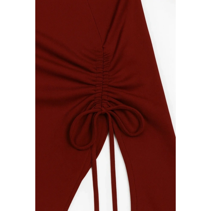 Giyim Kadın Bordo Uzun İspanyol Kollu Asimetirik Yaka Yandan Bağlamalı Drapeli Bluz