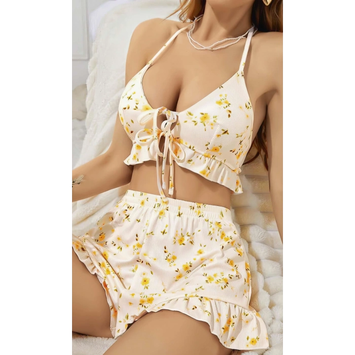 Giyim Kadın Çiçekli Ekru Askılı Şortlu Pijama Takım 6646