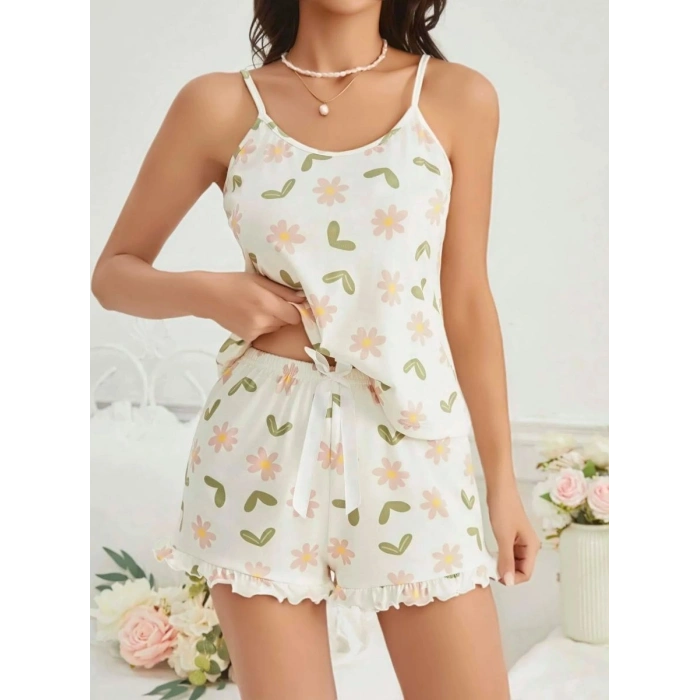 Giyim Kadın Ekru Çiçek Baskılı Şortlu Gecelik Pijama Takımı Rahat Şık 2’li Set