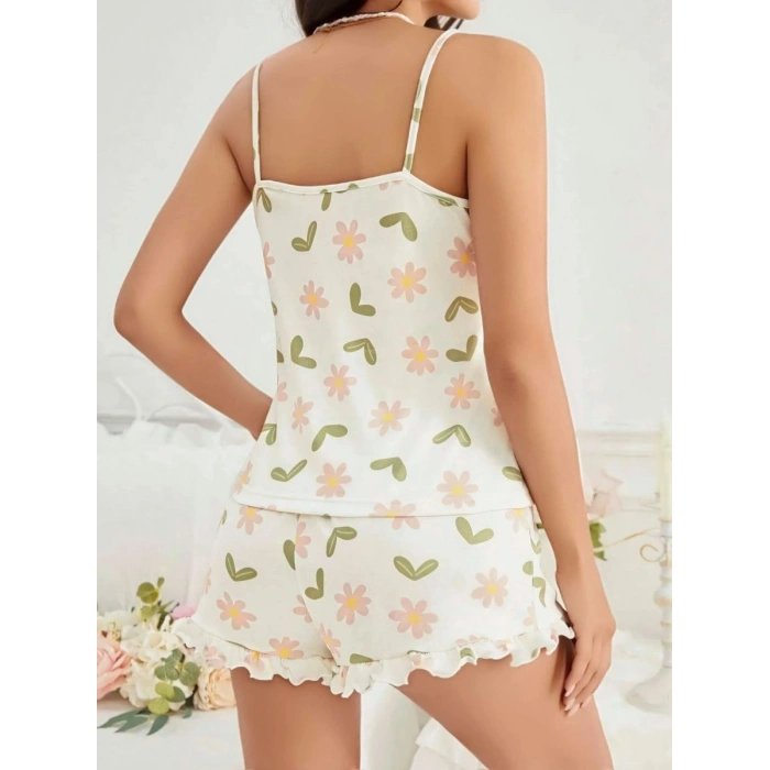 Giyim Kadın Ekru Çiçek Baskılı Şortlu Gecelik Pijama Takımı Rahat Şık 2’li Set