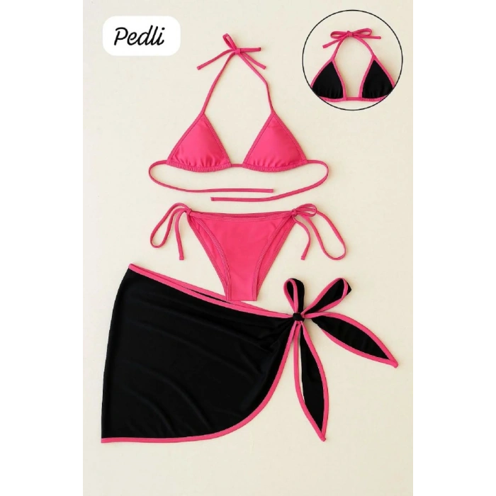 Giyim Kadın Fuşya Siyah 3’lü Pareolu Bikini Takımı