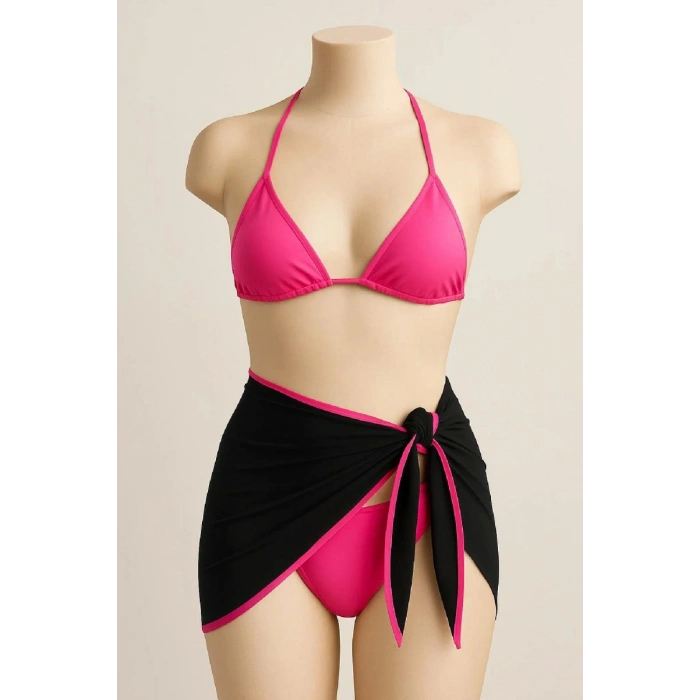 Giyim Kadın Fuşya Siyah 3’lü Pareolu Bikini Takımı