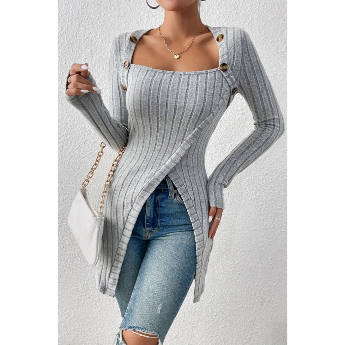 Giyim Kadın Gri Düğme Detaylı Kare Yaka Fitilli Asimetrik Etekli Uzun Kollu Bluz