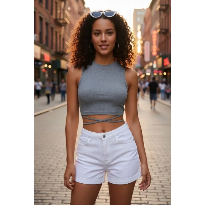 Giyim Kadın Gri Modern Fit Çapraz Bağlamalı Crop Top Büstiyer