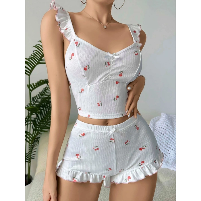 Giyim Kadın Gül Ve Kiraz Desenli Şortlu Gecelik Takım 5112