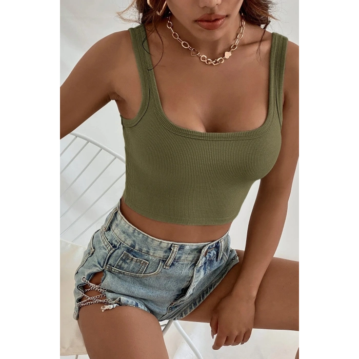 Giyim Kadın Haki Yeşili Kalın Askılı Crop Top Büstiyer