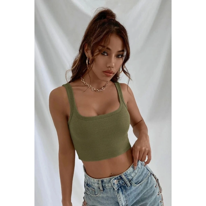 Giyim Kadın Haki Yeşili Kalın Askılı Crop Top Büstiyer Esnek Kumaş Şık Basic Kadın Üst Giyim