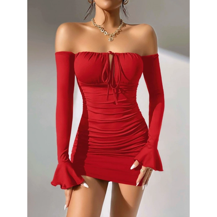 Giyim Kadın Kırmızı Dalgıç Kumaş İspanyol Kol Fantezi Elbise 5151