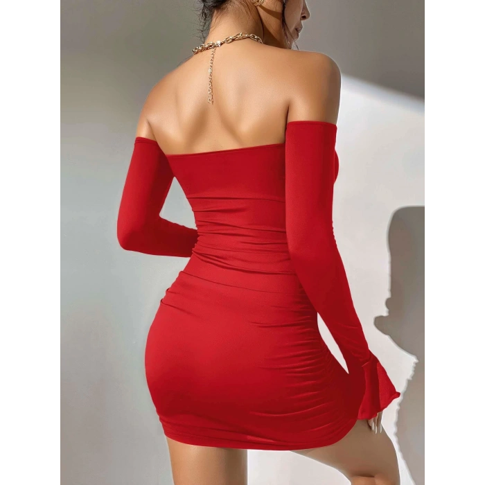 Giyim Kadın Kırmızı Dalgıç Kumaş İspanyol Kol Fantezi Elbise 5151