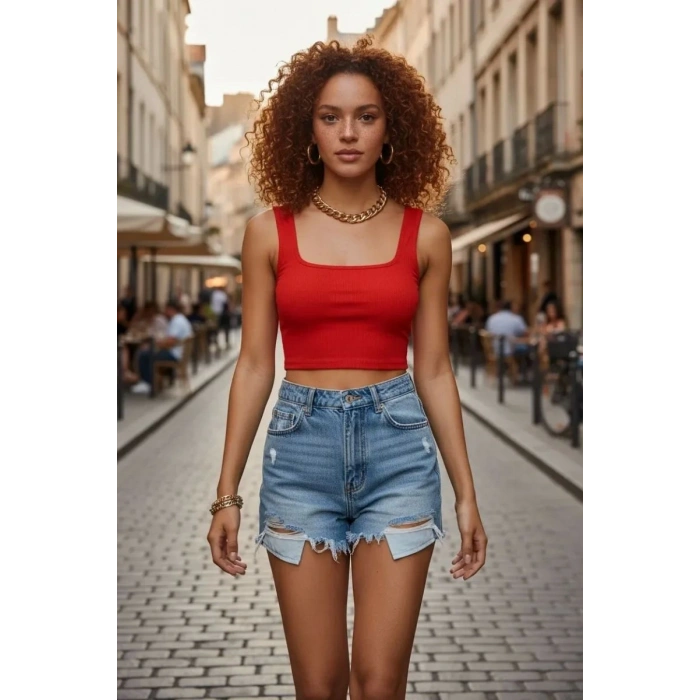 Giyim Kadın Kırmızı Kalın Askılı Crop Top Büstiyer Esnek Kumaş Şık Basic Kadın Üst Giyim