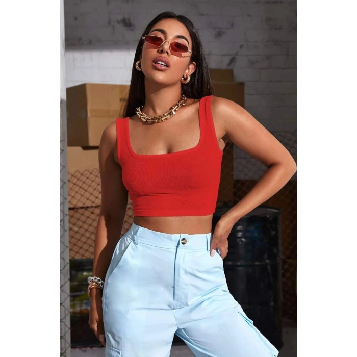 Giyim Kadın Kırmızı Kalın Askılı Crop Top Büstiyer Esnek Kumaş Şık Basic Kadın Üst Giyim
