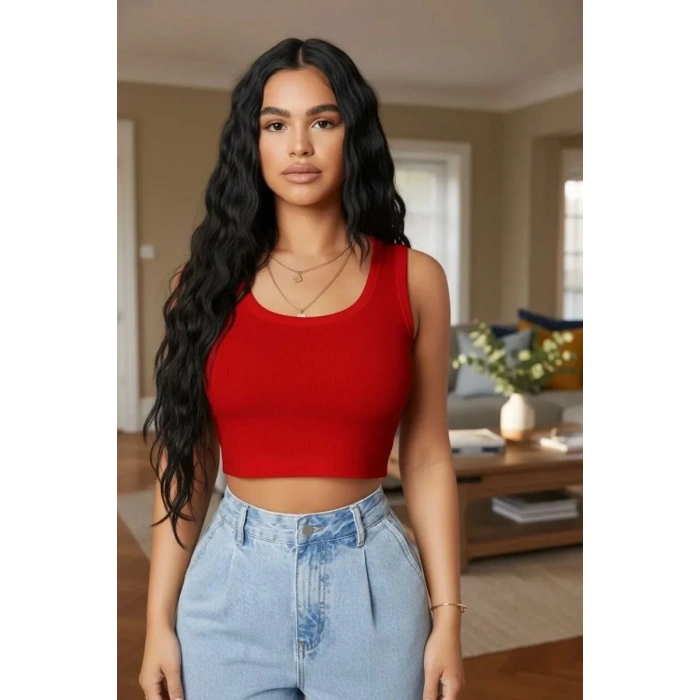 Giyim Kadın Kırmızı Modern Fit Kare Yaka Crop Top Bluz