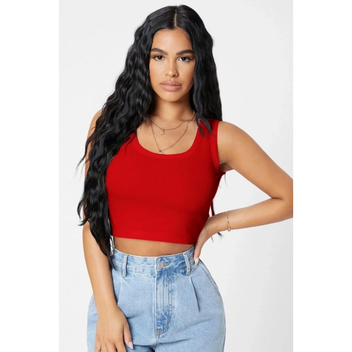 Giyim Kadın Kırmızı Modern Fit Kare Yaka Crop Top Bluz
