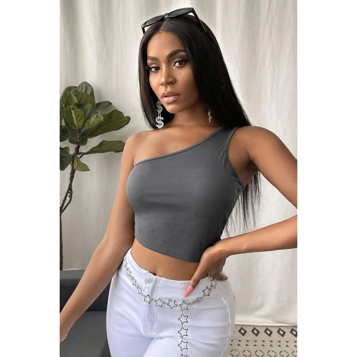 Giyim Kadın Koyu Gri Fit Görünümlü Tek Omuz Crop Top Büstiyer