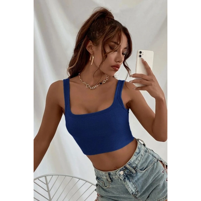 Giyim Kadın Lacivert Kalın Askılı Crop Top Büstiyer Esnek Kumaş Şık Basic Kadın Üst Giyim