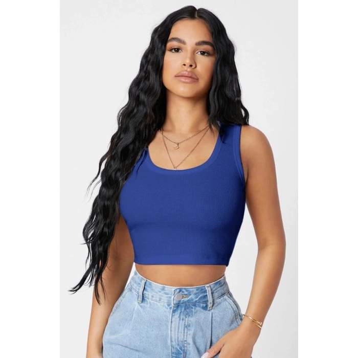 Giyim Kadın Lacivert Modern Fit Kare Yaka Crop Top Bluz
