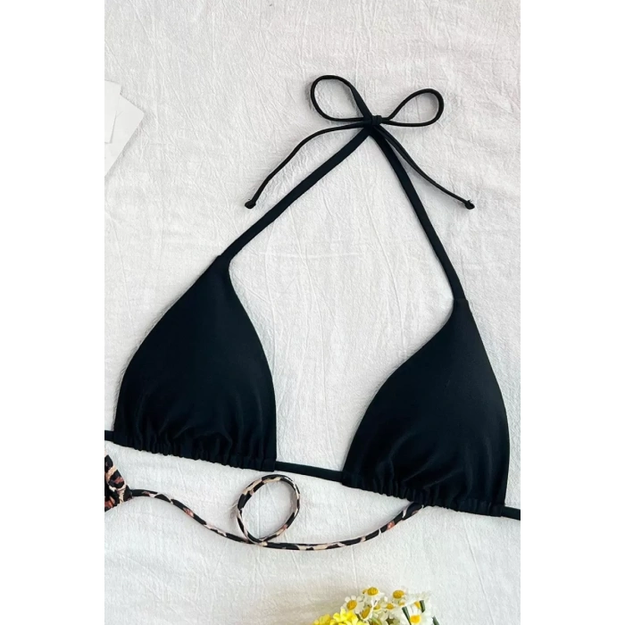 Giyim Kadın Leopar Desenli Ve Siyah Minimal Kesim Üçgen Bikini Üstü