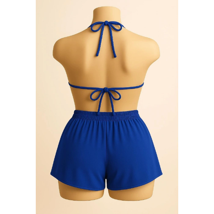 Giyim Kadın Mavi Şortlu Belden Ve Boyundan Bağlamalı Bikini Takımı