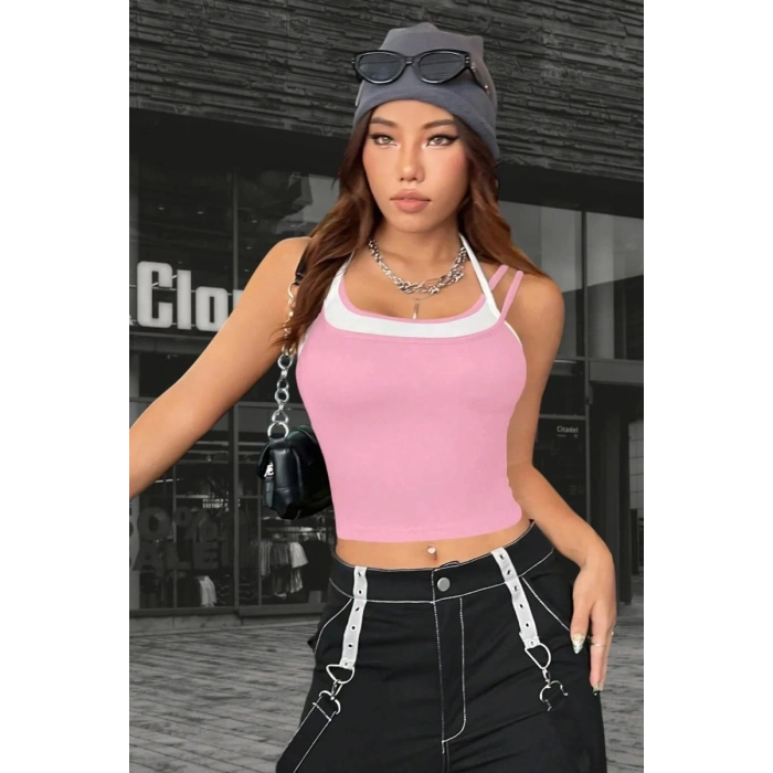 Giyim Kadın Pembe Beyaz Çift Renk Çapraz Askılı Crop Top Bluz Şık Esnek